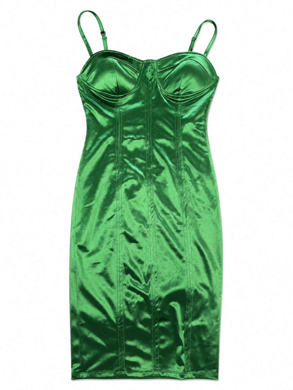Absolutely Green Satin Bustier Bodycon Midi Dress, Size Small